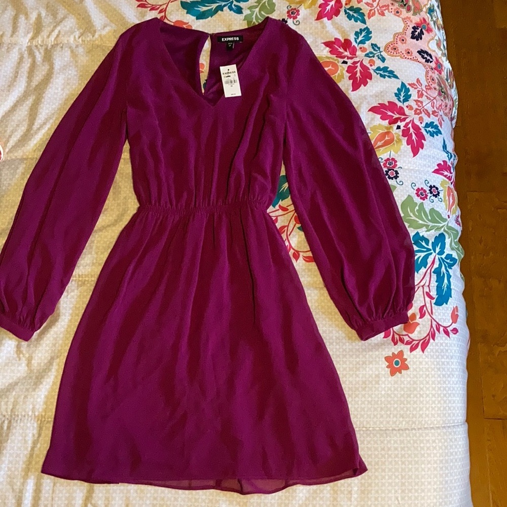 Express Fuchsia Long Sleeve V Neck Dress w/ Keyhole Size XS New